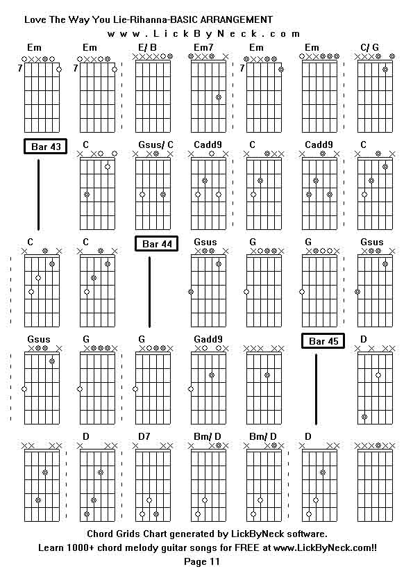 Chord Grids Chart of chord melody fingerstyle guitar song-Love The Way You Lie-Rihanna-BASIC ARRANGEMENT,generated by LickByNeck software.